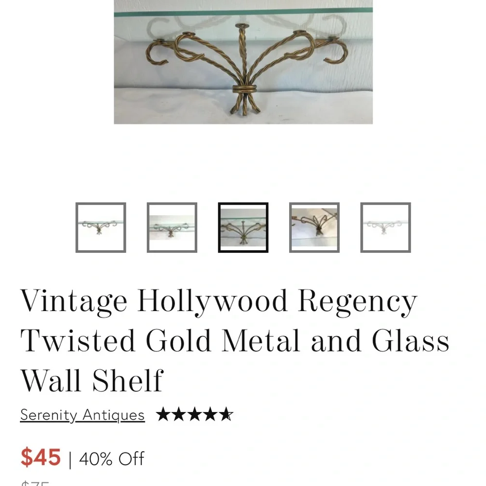 Vintage Ornate Twisted Metal Glass Wall Shelves - Pair in Gold Finish